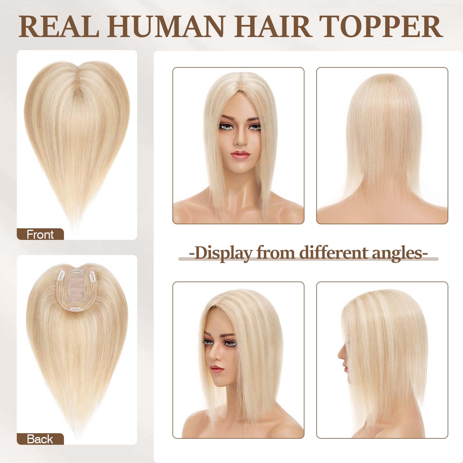 Condition photo showing New/Like New for rich choices hair toppers for women real human hair 100% human remy toppers no bangs with thinning on top clip in hairpiece 4"x4.7"lace base 12 inch #18p613 ash blonde highlights bleach blonde 12 inch no bang-#18p613 ash blonde highlights bleach blonde