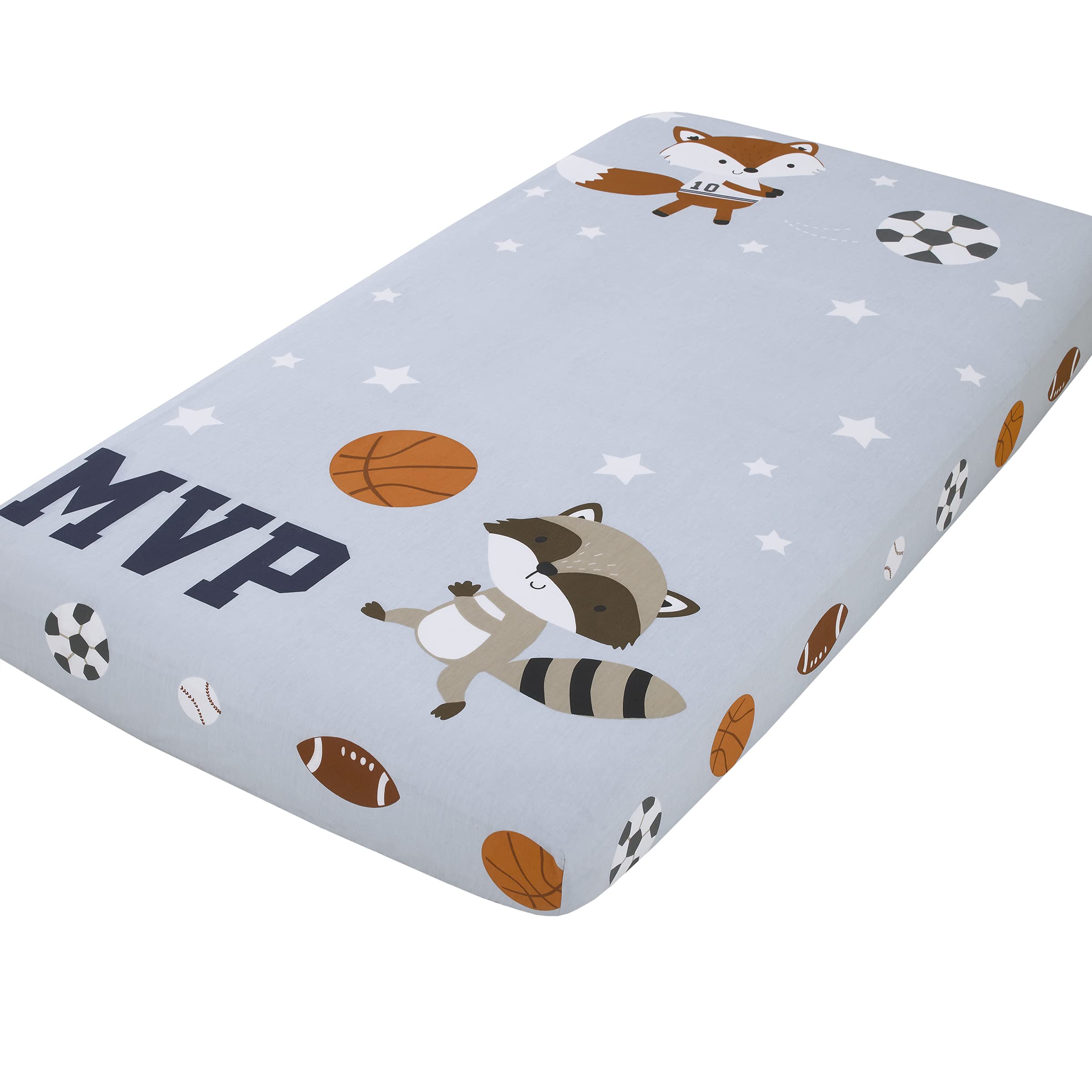 NoJo Team All Star Light Blue, Grey, & Orange, MVP Fox & Raccoon Sports Theme with White Stars Photo Op 100% Cotton Fitted Crib Sheet, Light Blue, Grey, Orange