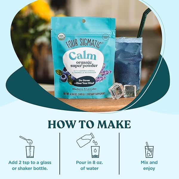 FOUR SIGMATIC CALM SUPER POWDER | ORGANIC SUPERFOOD POWDER WITH MAGNESIUM CITRATE, ORGANIC CHAMOMILE EXTRACT, AND TREMELLA MUSHROOM EXTRACT | BLUEBERRY DRINK MIX (4.94 OZ.)
