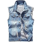 LONGBIDA Men's Denim Vest Casual Slim Fit Sleeveless Jacket Vintage Ripped Summer Jean Vests