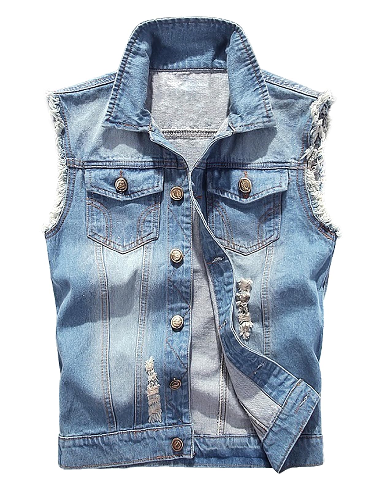 Photo 1 of LONGBIDA Men's Denim Vest Casual Slim Fit Sleeveless Jacket Vintage Ripped Summer Jean Vests, Light Blue, XXL