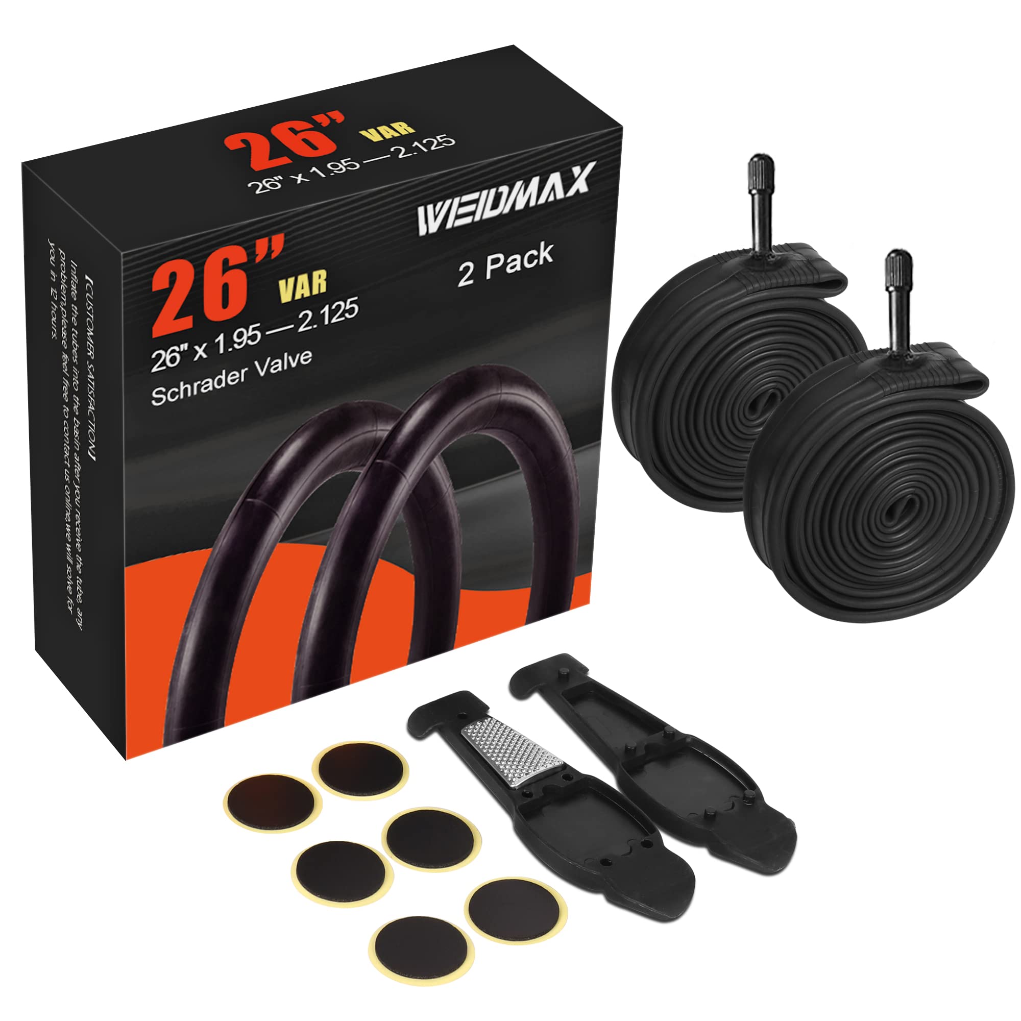26 Inch Bike Tube, 26'' x 1.95/2.10/2.125 Replacement Inner Tire Tubes 2 Pack, Heavy Duty Thorn Resistant Inner Tire with Repair Tool Kit for Most Adult Bikes, Premium Quality Butyl Rubber Made