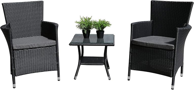 Amazon Com Patiorama 3pc Patio Outdoor Rattan Furniture Set Cushioned Garden Table And Chairs With Gray Cushions Black Pe Wicker Garden Outdoor