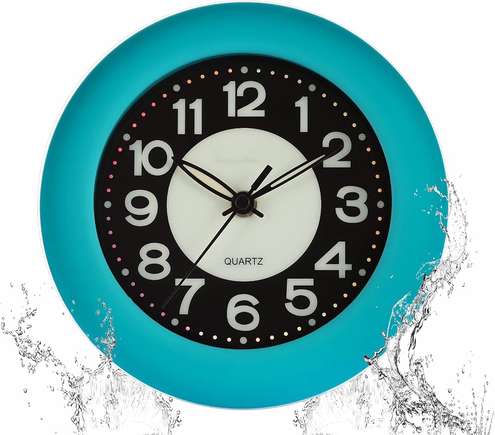 LXSZRPH Blue Shower Clock IPX4 Waterproof Luminous Silent Analog 6.7 Inch Wall