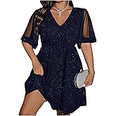 Floerns Women's Plus Size Contrast Mesh Half Flounce Sleeve V Neck Glitter Flared Hem A Line Dress