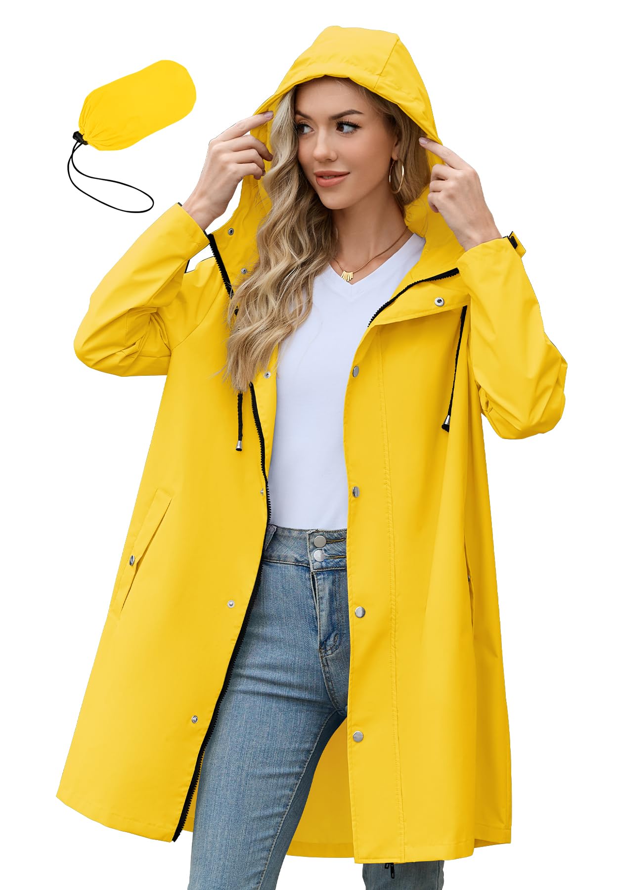 Photo 1 of Zando Yellow Raincoat Women - Womens Rain Jacket with Hood Packable Rain Jacket Women Waterproof Long Raincoat Lightweight Windbreaker Trench Coat for Outdoor Travel Commuting Halloween Army Green XL