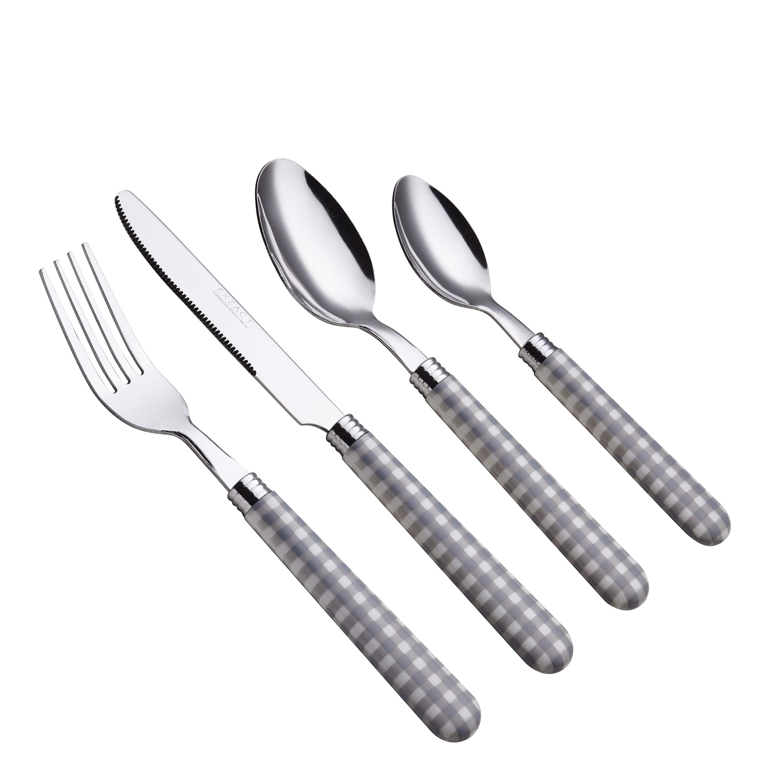 EXZACT Cutlery Set of 24, Stainless Steel with Gingham Check Coloured Handles - 6 x Forks, 6 x Dinner Knives, 6 x Table Spoons, 6 x Tea Spoons(Grey x 24)