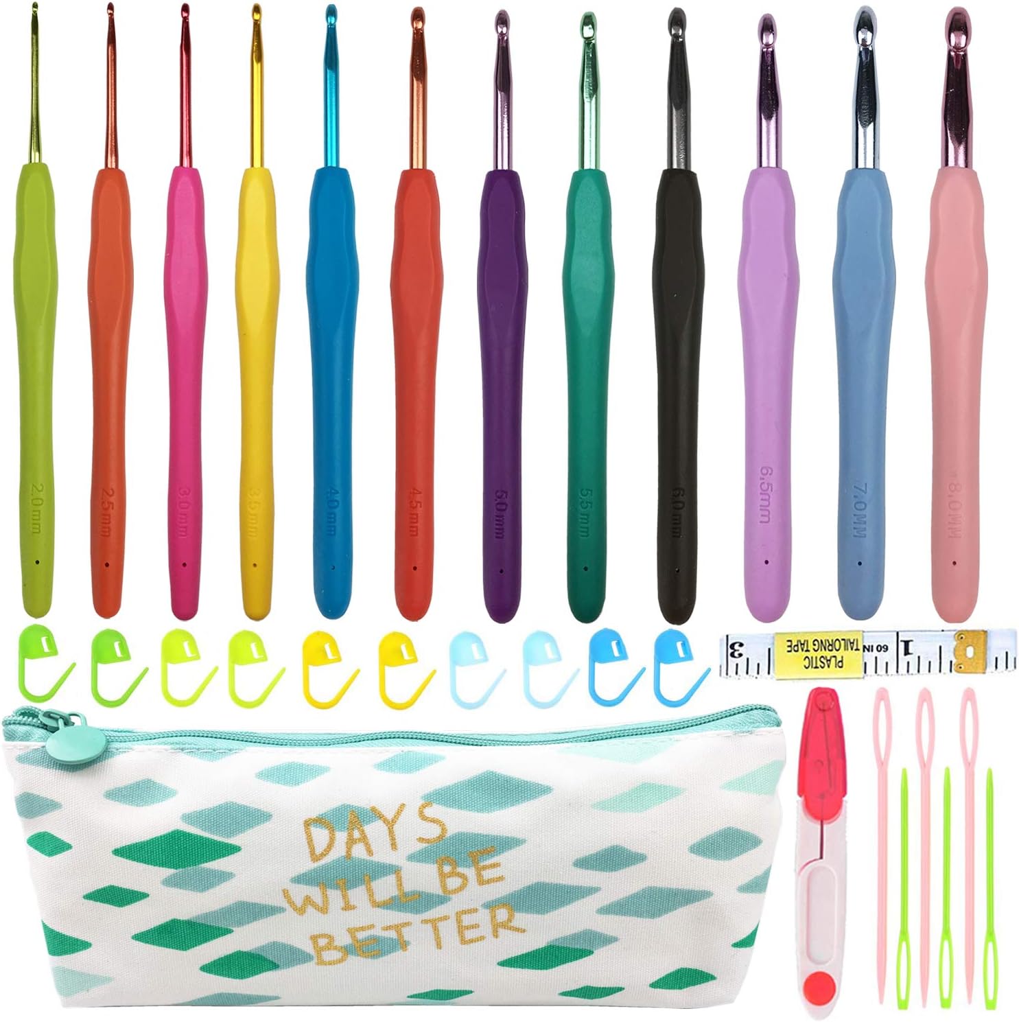 Crochet Hooks Set, 12 Sizes 2.0mm(B)8mm(L) Ergonomic