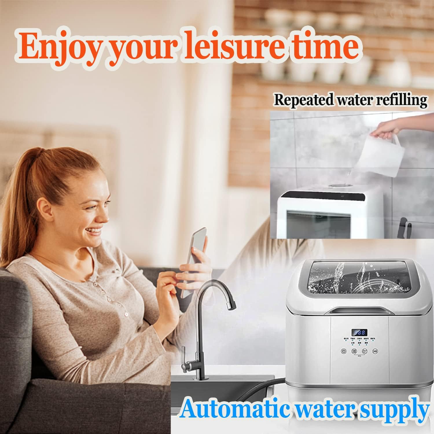 Weceleh Countertop Dishwasher, Portable 6.8L Capacity Small Dishwasher with 7 Programs, 360° Spray Mini Tabletop Dishwasher, 140-160℉ Dishwashers with Hot Air Drying Function, RV Dishwasher, White