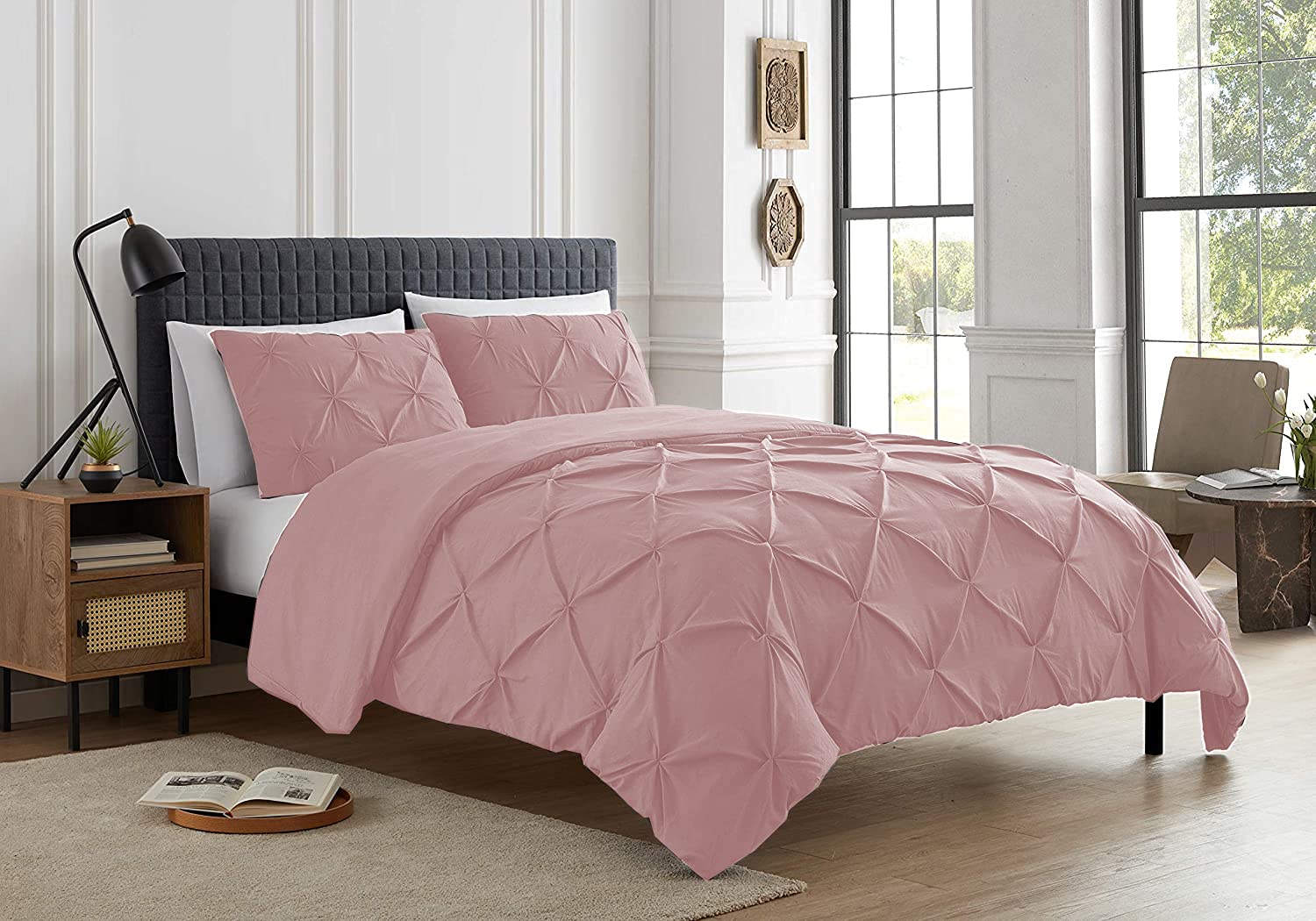 SeventhStitch Pintuck Duvet Cover Set with Pillowcases 100% Cotton Quilt Covers Bedding Bed Set Single Double King Super King Size (Pink, King)