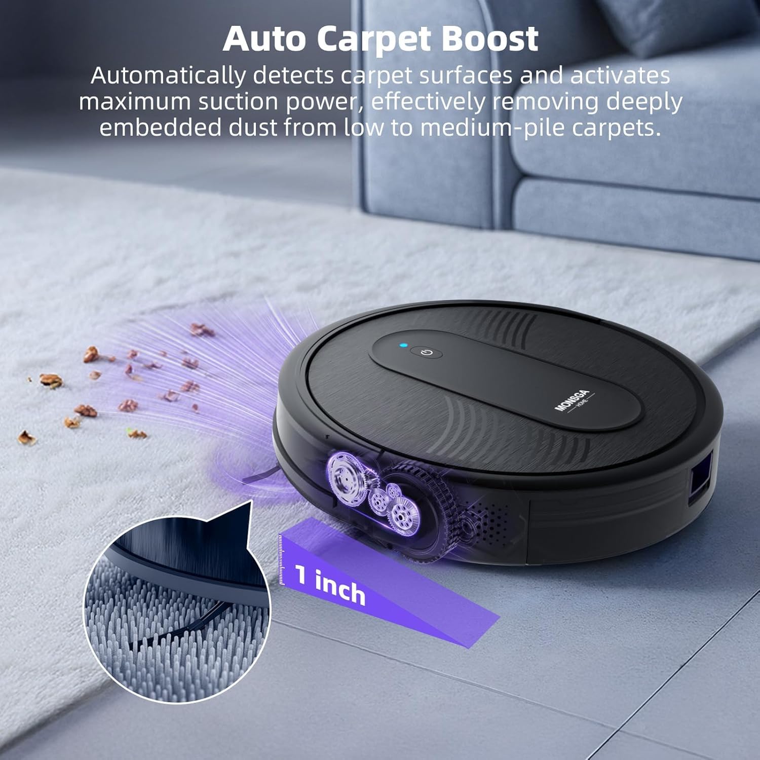 MONSGA Robot Vacuums and mop, Powerful Suction Robotic Vacuum, 140Min Runtime, Vacuum Robot for Hard Floor, Low Pile Carpet, Pet Hair, Remote/App/Voice Control, Schedule Clean (Black)