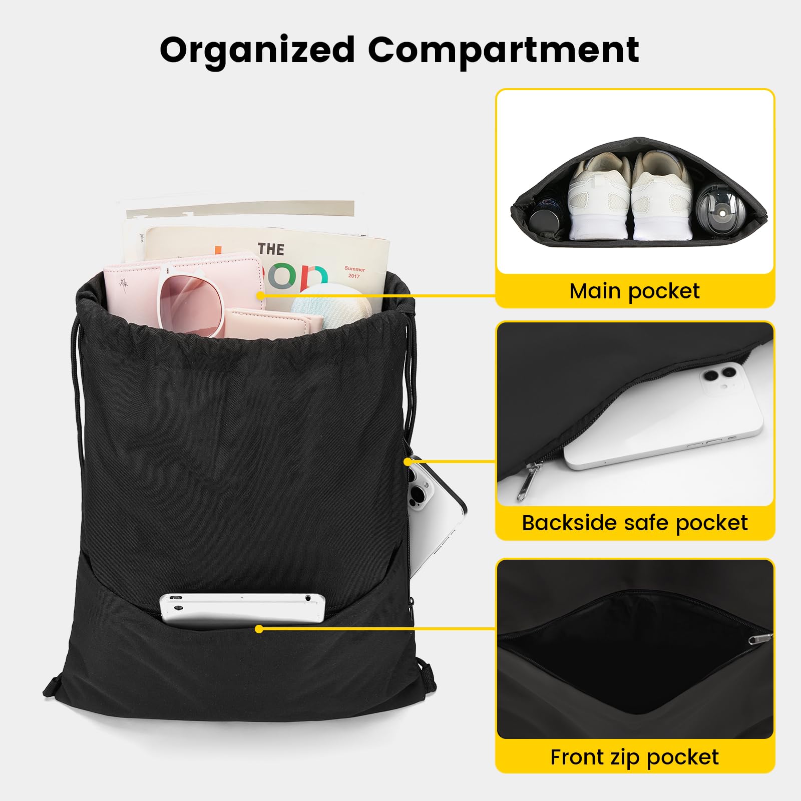 Vorspack Drawstring Backpack Water Resistant String Bag Sports Sackpack Gym Sack with Side Pocket for Men Women