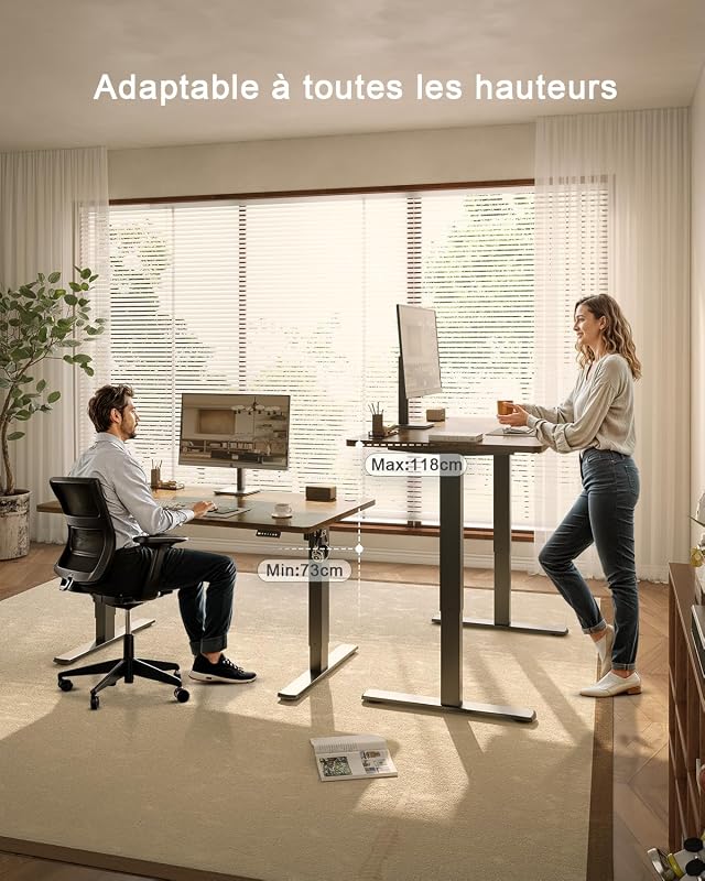 Bureau Assis Debout 100×60 cm, Rappel Posture, 2 Mémoires, Marron — photo 3 sur 8