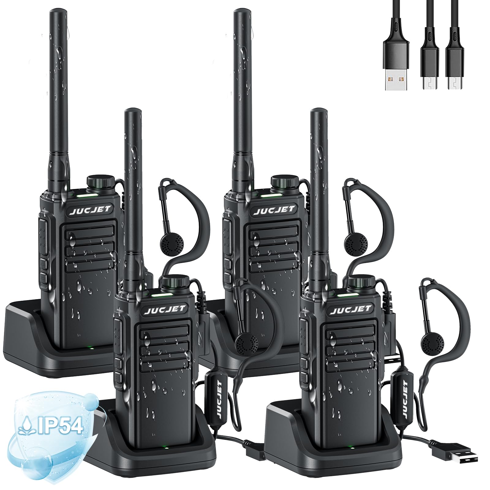 JUCJET EP31 (4 pieces) Walkie Talkies IP54 waterproof, 16 Channel Handheld Walkie Talkies PMR446 ith 2-in-1 Type-C Charging Cable&USB Charging Station