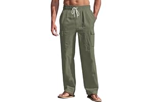 TAFLE Men's Linen Pants Casual Cargo Pants with Pockets Lightweight Elastic Waist Drawstring Pants Baggy Beach Pants
