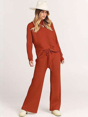 Loungewear Jumpsuit Womens Cozy Sweater Lounge Jumpsuit ANRABESS Women's  Two Piece Outfits Crop Top Wide Leg Pants Cozy