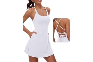 M MOTEEPI Women's Workout Golf Dress with Pockets Built-in Bra & Shorts Sleeveless Open Back Tennis Active Dresses