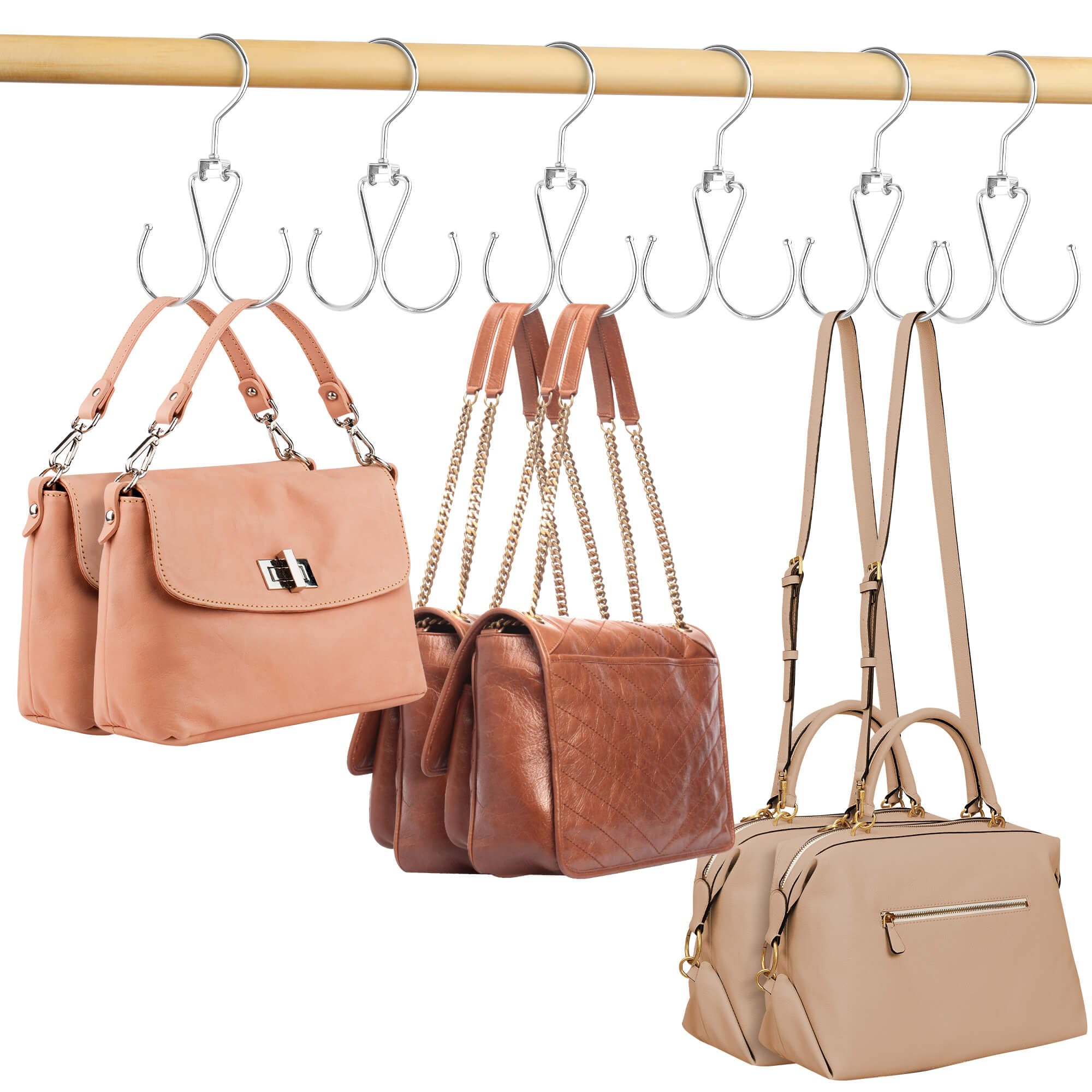 Photo 1 of ZEDODIER 6 Pack Purse Hanger Organizer for Closet, Heavy Duty Rotatable Purse Holder with 12 Storage Capacity, Bag Storage Rack for Purses Bags Backpacks, Silver