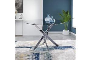GOLDFAN Glass Dining Table with Chromed Legs,31.5" Modern Round Kitchen Table with Silver Legs Home Furniture for Dining Kitc