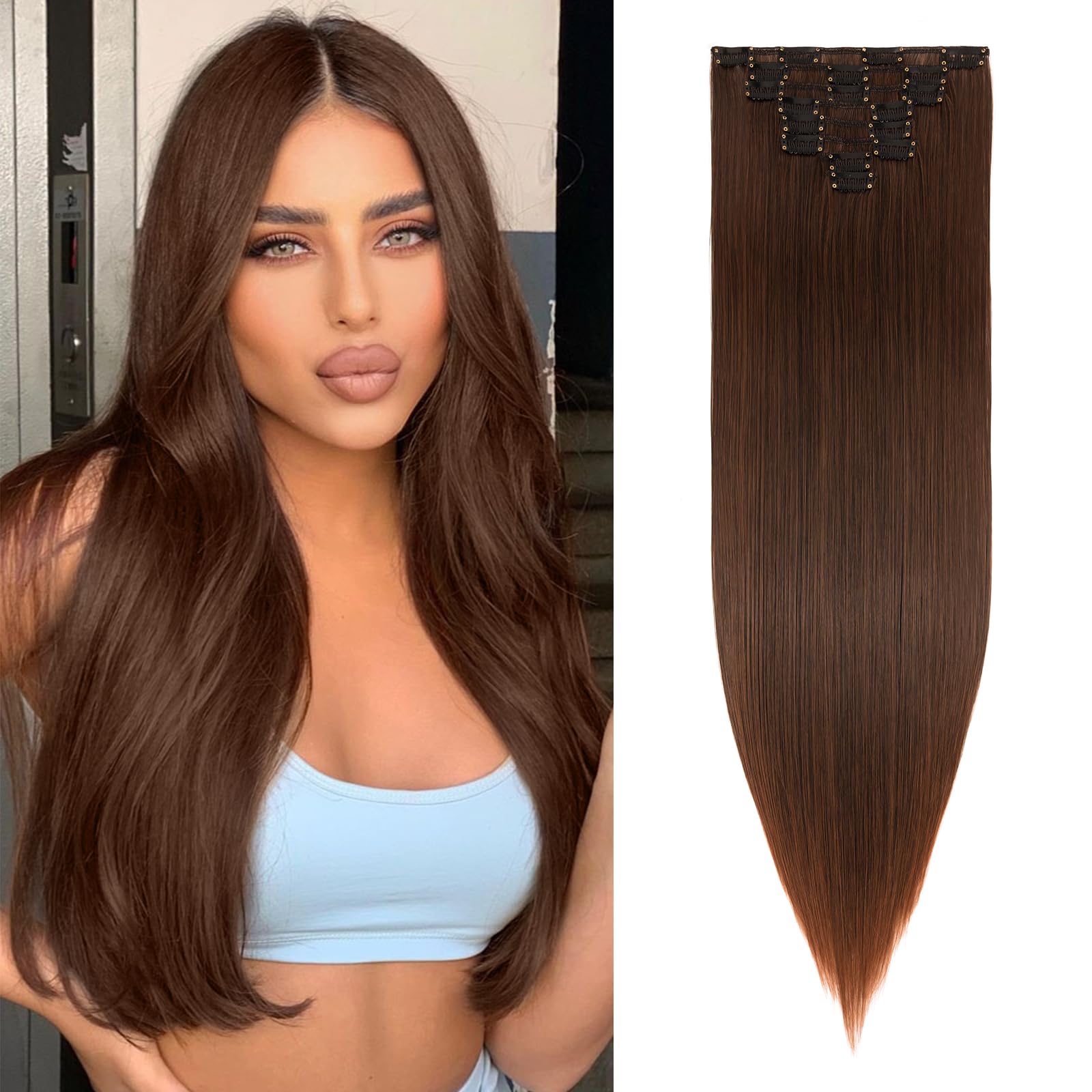 26" Long Straight Clip in Hair Extensions Full Head 8Pcs 18Clips Ombre Colorful Synthetic Hair Clip in Hairpiece Black mix Light Auburn