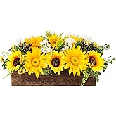 WENMAQIN Sunflower Arrangement Centerpiece Table Decorations,Sunflowers Daisy and Berry Green Leaf Floral Artificial Flowers with Wood Tray for Dining Table Coffee Table Farmhouse Room Mantel Décor