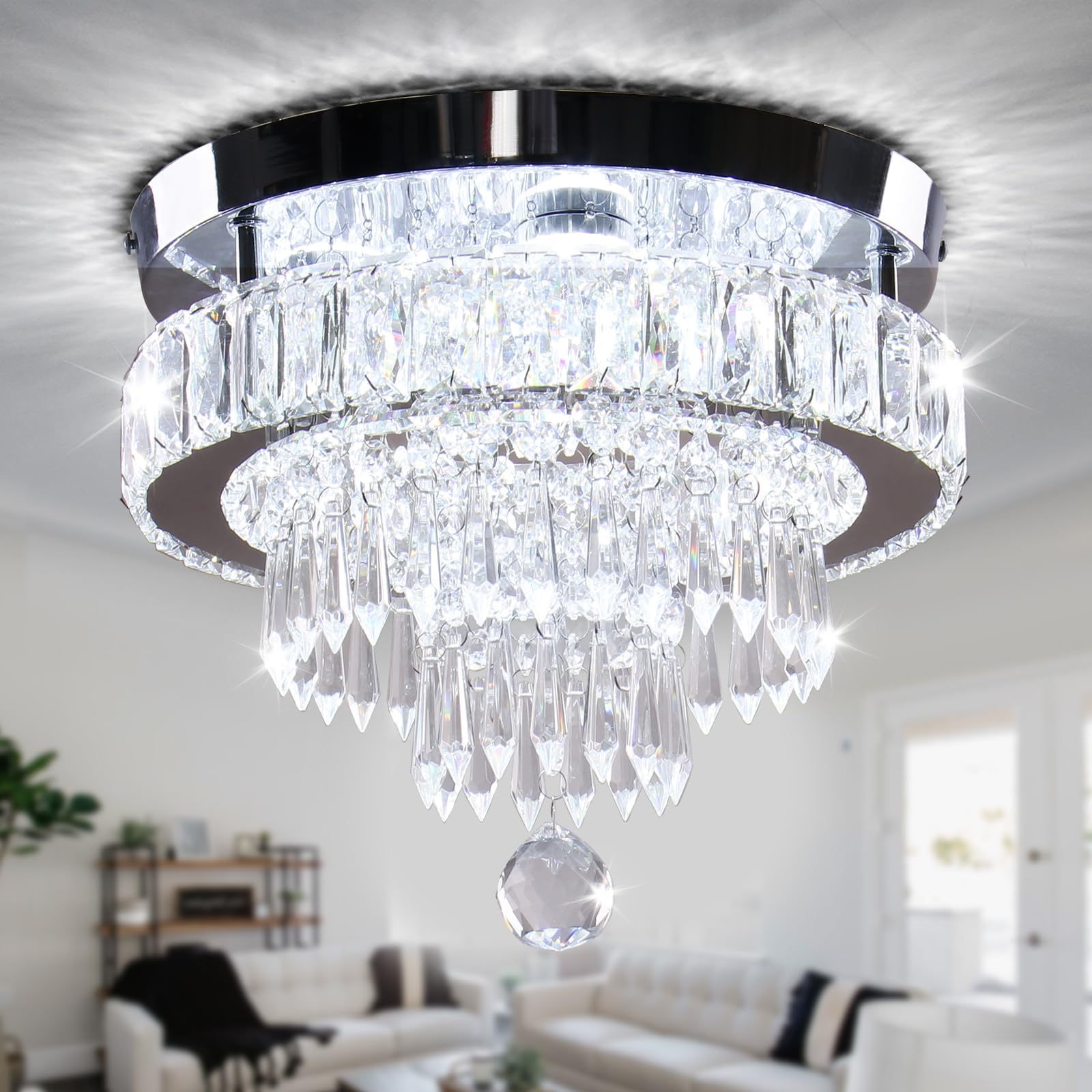Photo 1 of Cainjiazh Chandelier 11.8" Modern Crystal Chandeliers Crystal Light Fixtures Flush Mount Chandelier Ceiling Light Chandeliers for Bedrooms Living Room Dining Room Hallway (Cool White)