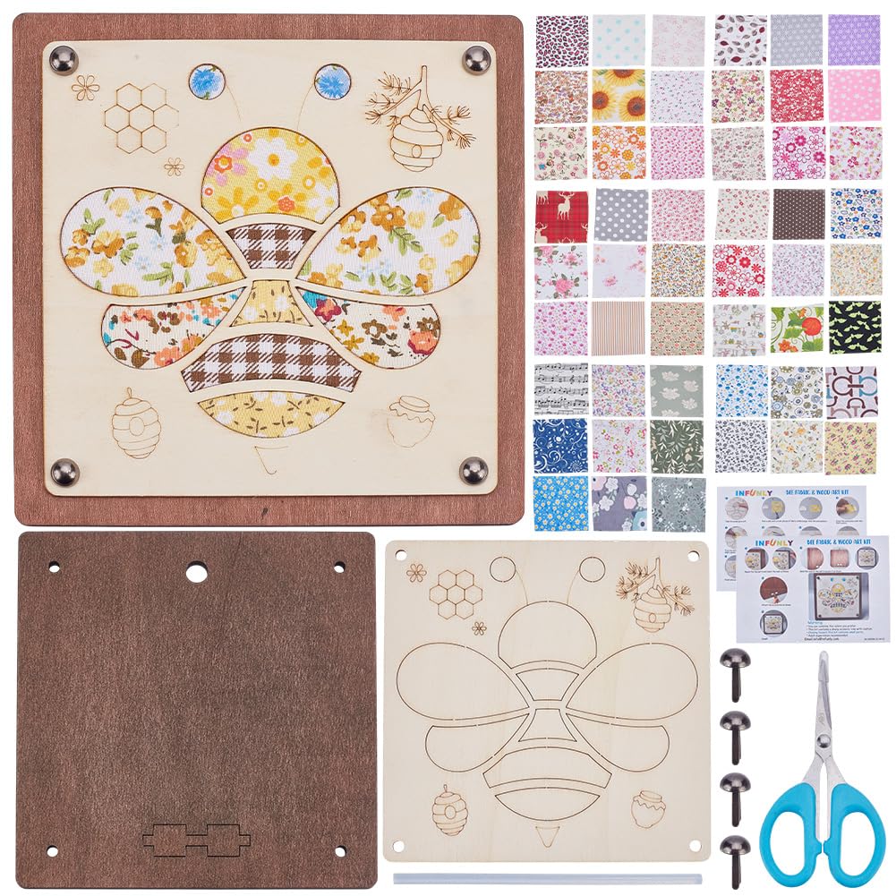 INFUNLY DIY Bee Fabric and Wood Art Kit 6.7"×6.7" Bee Walnut Art Kit with Quilting Fabric Wooden Craft Kits with Instructions Insect Pattern Handmade Poke-in Art Kits for DIY Crafts Birthday Gifts