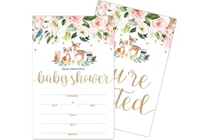 Geuro Baby Shower Invitations, Floral Wooden Animals Fill In Invites Cards wih Envelopes, Fox owl deer,Set of 25.