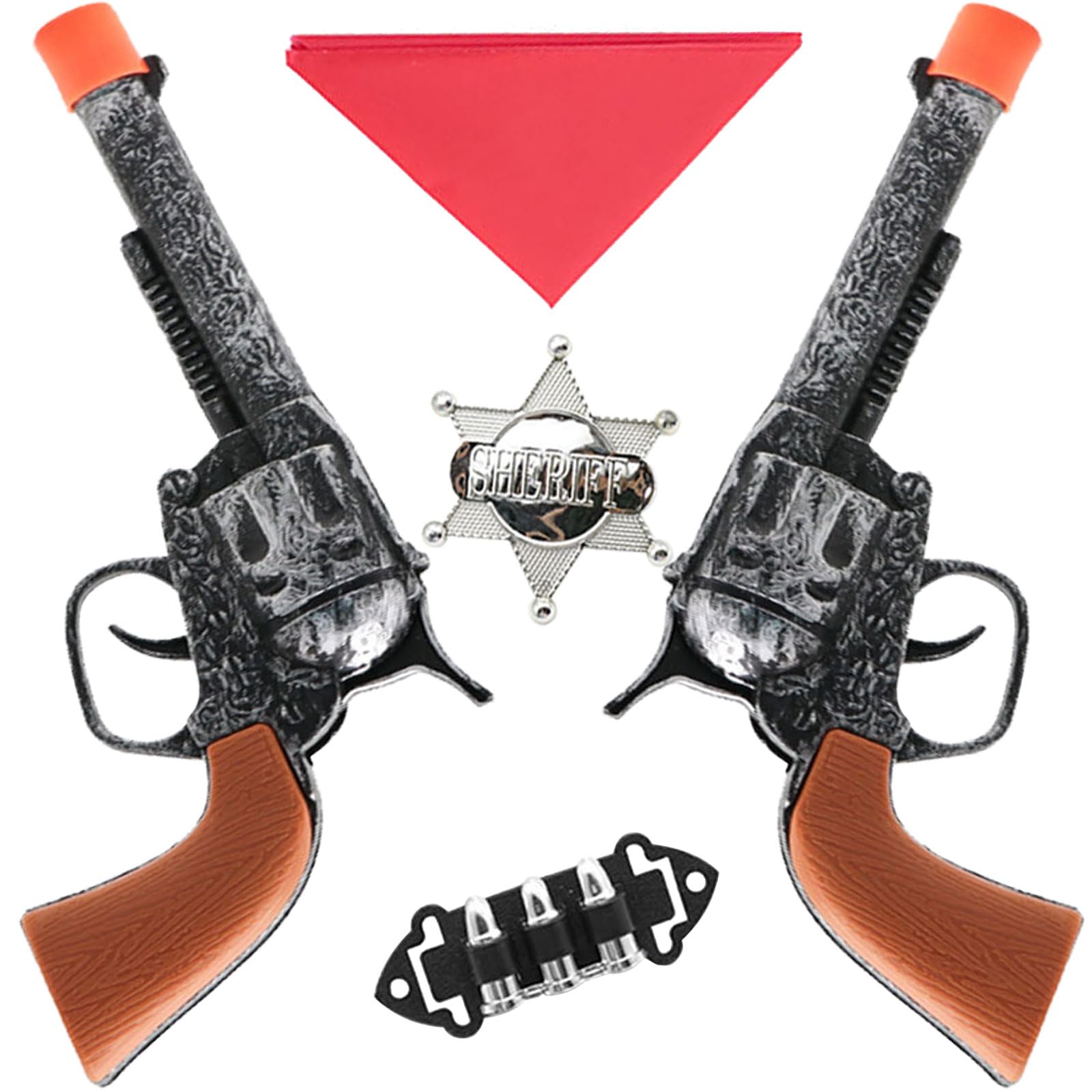 AYNKH 5 Pcs Children's Wild West Cowboy Sheriff Double Gun Set with Two Cowboy Toy Guns, Red Bandana, Bullet Clips and Sheriff's Badge for Role-Play, Theatre Performances, Dress-Up Parties
