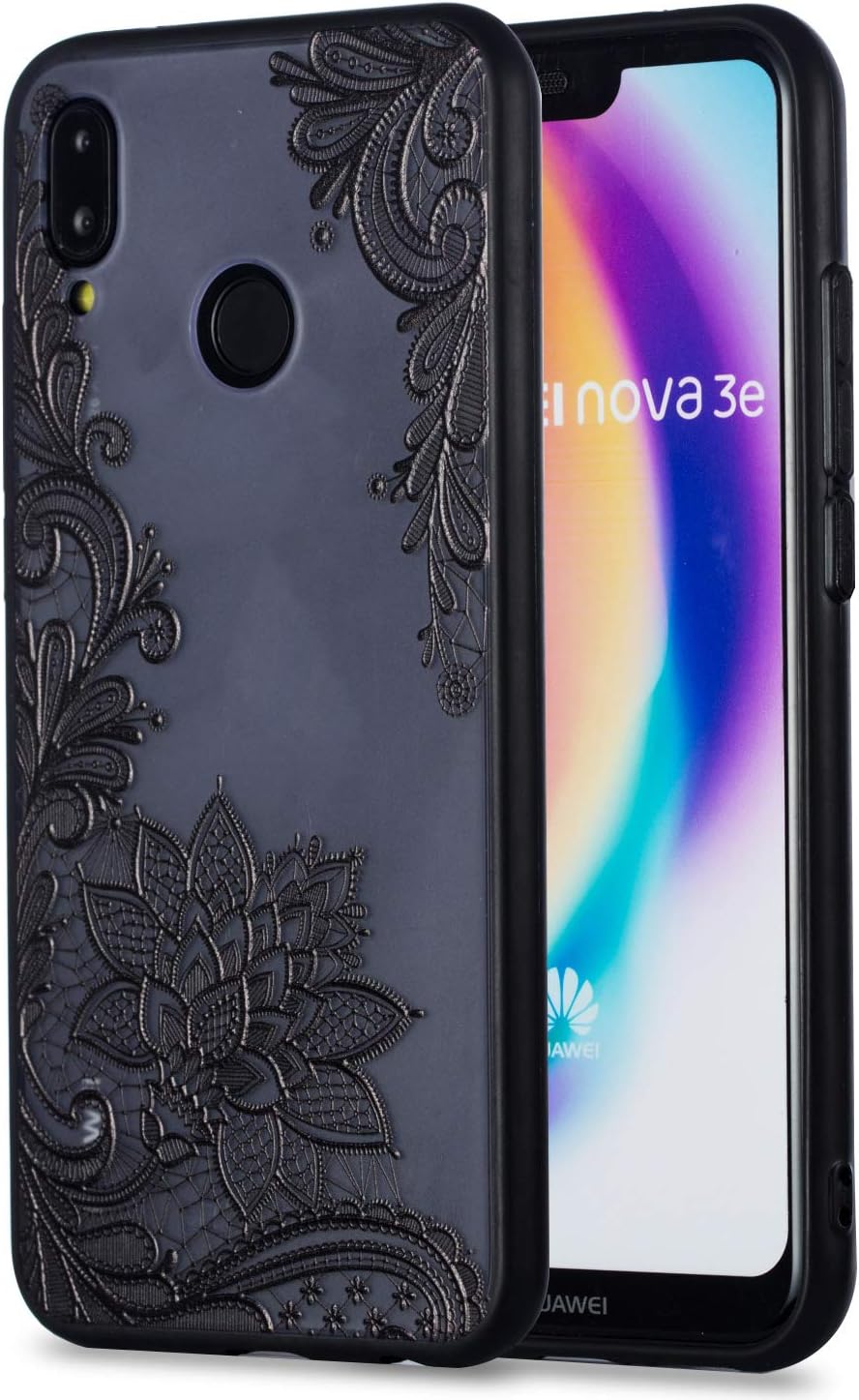 Tophung Huawei P20 Lite Case, Hybrid Transparent Clear Ultra Thin Slim Fit Cases Lace Relief Design Rigid Plastic Hard PC Protective Back Bumper Phone Cover for Huawei P20 Lite/Nova 3E Black Flower