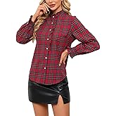 Womens Long Sleeve Plaid Shirt Ruffled Collar Casual Tops Button Down Lightweight Blouse