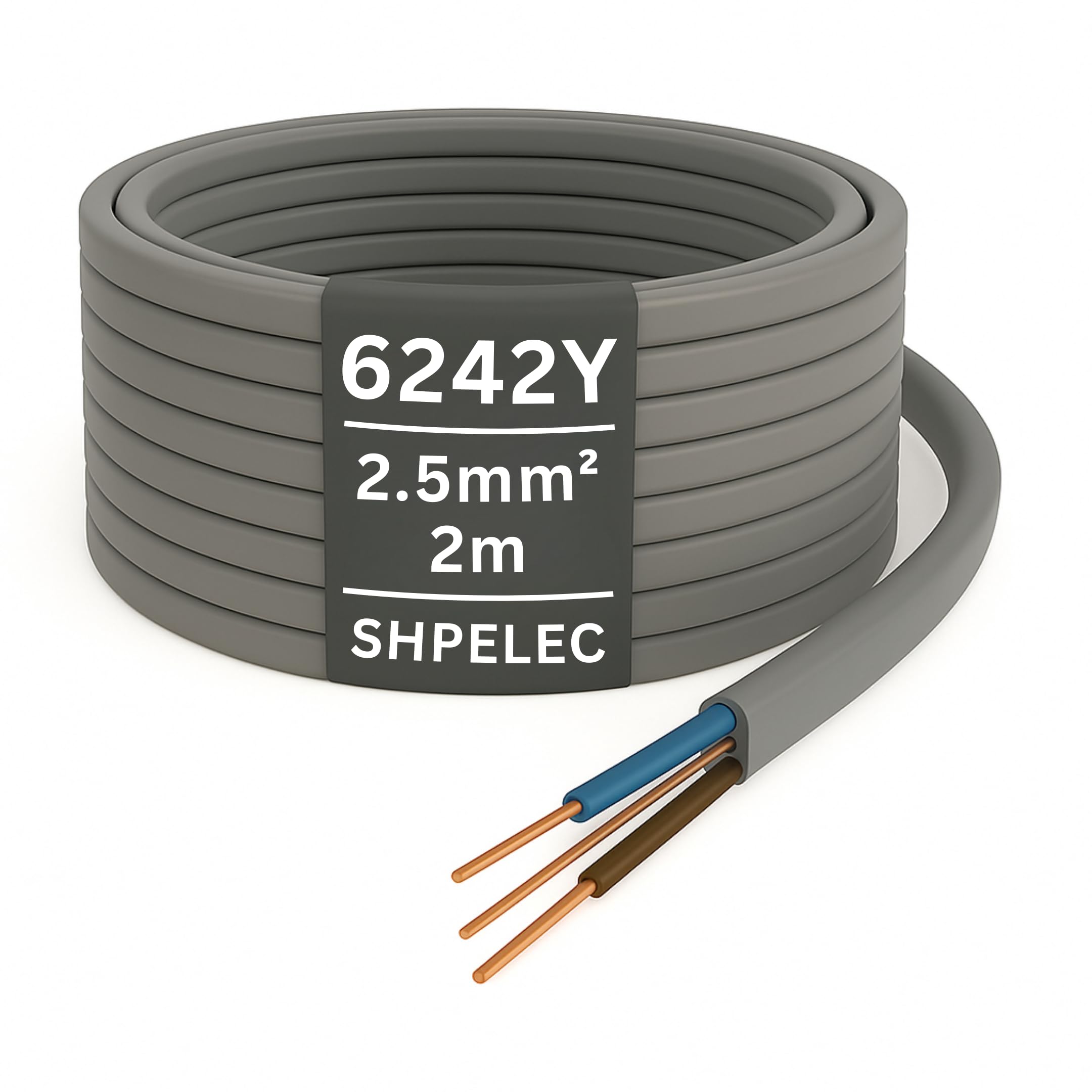 SHPELEC® 6242YH Twin and Earth Cable - 2.5mm 2m | Electrical Mains Socket Ring Wire BASEC Approved - Multiple Lengths (2 metres - 2.5mm Twin and Earth Cable)