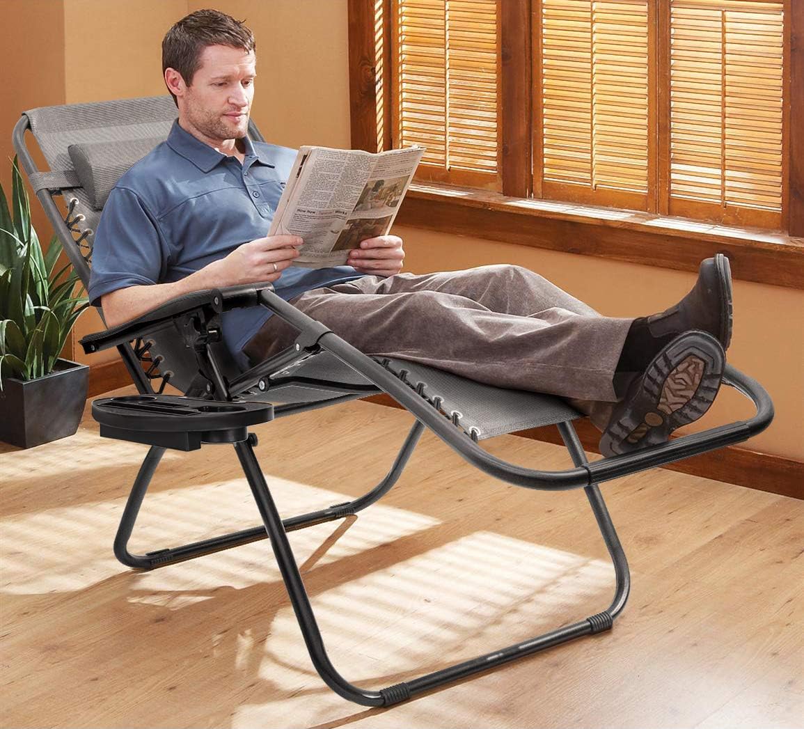 Furmax Zero Gravity Chair Patio Lounge Chair Portable Outdoor Folding Chair Adjustable Sun Lounger Reliner Chair for Backyard Deck Poolside Beach with Pillow and Cup Holder Tray Set of 2 (Gray): Kitchen & Dining