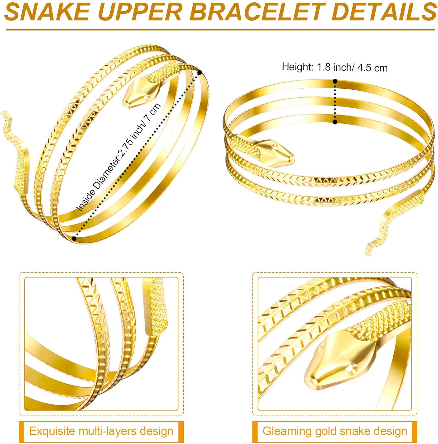 Hicarer Egyptian Costume Accessories Egyptian Headpiece with 2 Metal Snake Cuffs for Women Metal 3 Pieces, 24 centimètres, Metal - Image 3