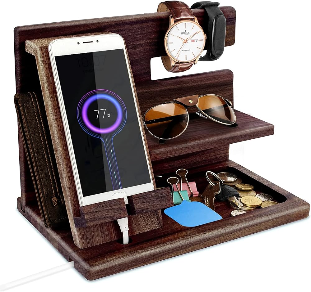 Robomanor Wood Phone Docking Station Bedside Organizer Gifts for Him