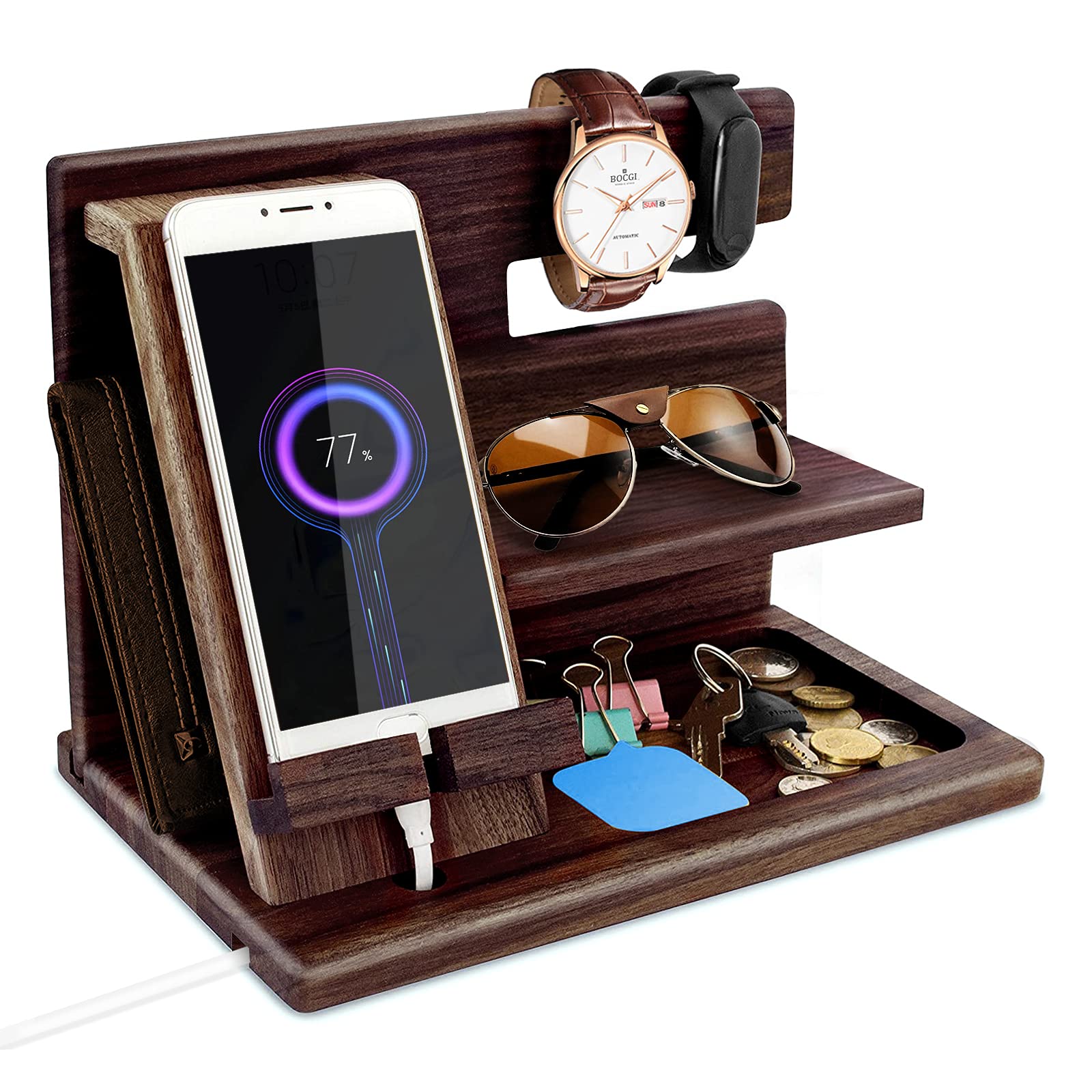 Gifts for Men Wood Phone Docking Station Dad Gifts for Bedside Organiser for Him Xmas Gift Anniversary Birthday Gifts for Him Gifts for Dad Nightstand Key Watch Wallet Stand Wooden Desk Organizer