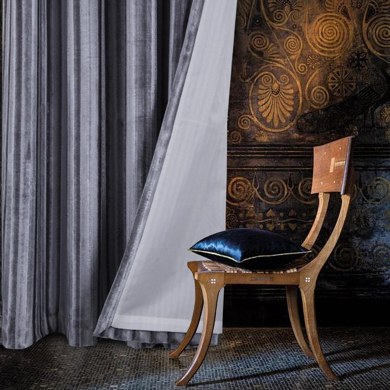 always4u Crushed Velvet Curtains Luxury Line Pattern Curtain Eyelet Thermal Dark for Living Room Window Treatments Silver A Pair 66 * 72