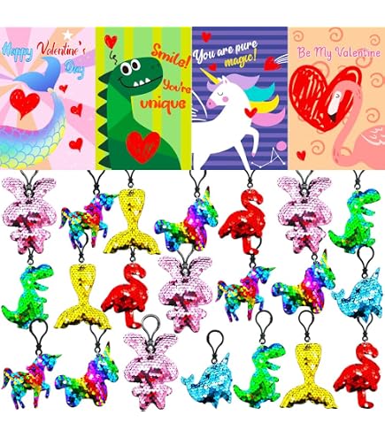 CAMIRUS 28 Pack Valentine's Day Cards For Kids With Glitter Sequin Keychains - Unicorn Dinosaur Party Favors