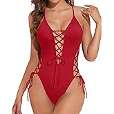 Tempt Me Women Sexy Lace Up One Piece Swimsuit Deep Plunge V Neck High Cut Bathing Suits