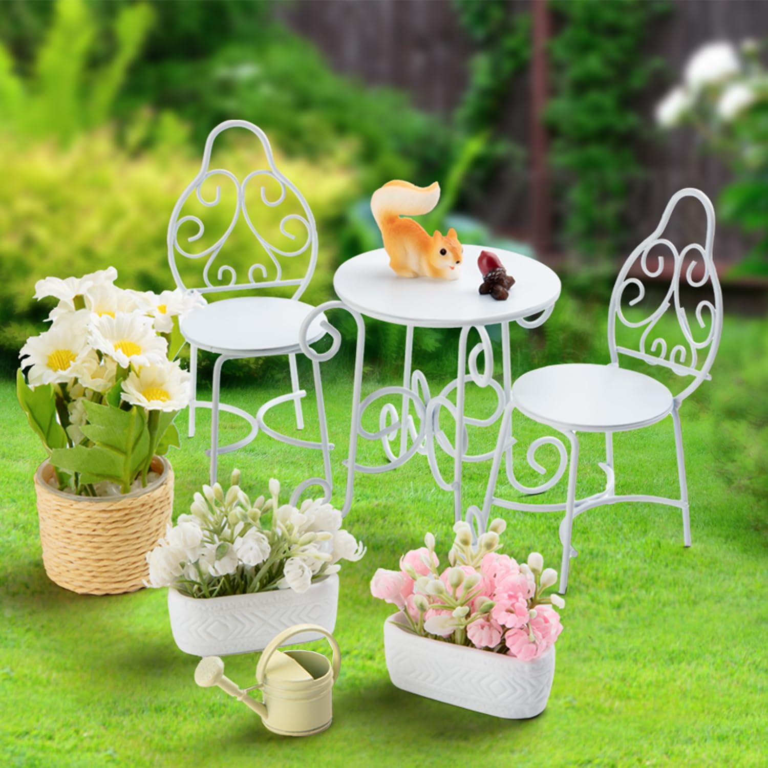 Minamzee 1/12 Scale Dollhouse Table Chair Sets, 9Pcs Metal Miniature Patio Sets, Dollhouse Fairy Garden Bistro Outdoor Furniture Accessories with Jasmine, Daisies, Squirrel and Kettle
