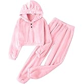 Kissonic Girls Fuzzy Pants Set Two Pieces Outfit Bear Ear Fluffy Hoodie Sweatshirt and Sweatpant Kids Clothing Sets