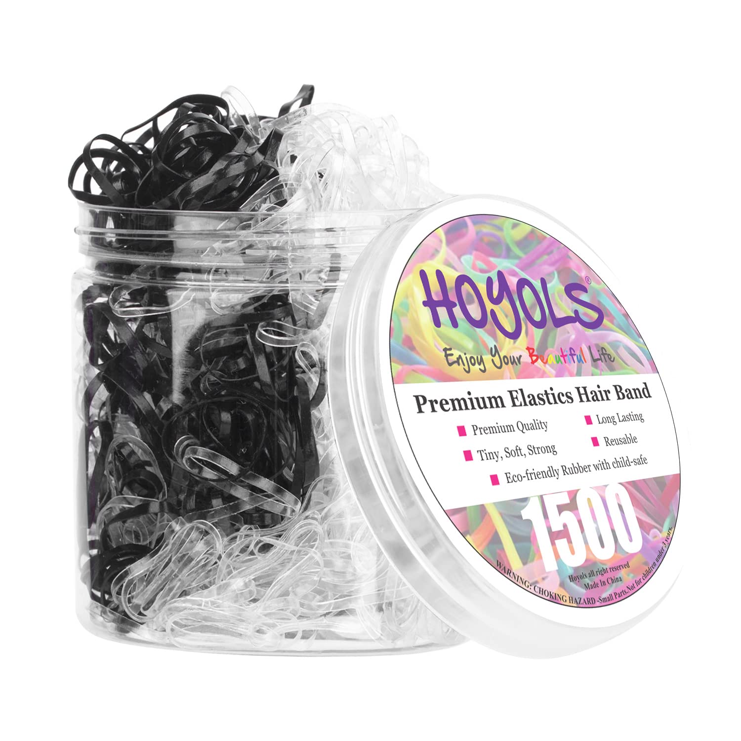 HOYOLS Clear & Black Elastic Hair Ties Rubber Bands Soft Ponytail Holder Mini Plastics Polyband for Women Girls 1500 Pcs Assorted Color Accessories TPU