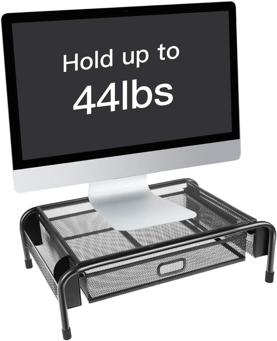 Monitor Stand Riser, Mesh Metal Printer Stand Holder with Pull Out Storage Drawer and Side Compartments Pockets for Computer, Laptop, iMac, Desk, Pens, Phones, Calculators by HUANUO : Office Products