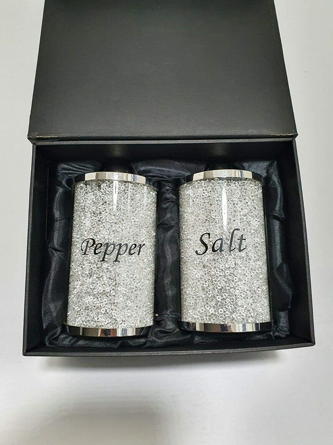 White Glass Sparkle Ornament Bling Crushed Diamond Gift | CRYSTALLIZED Kitchen salt and pepper storage Organiser Accessory| Crushed Diamond Display | Present Gifts for all occasion, Home Decor