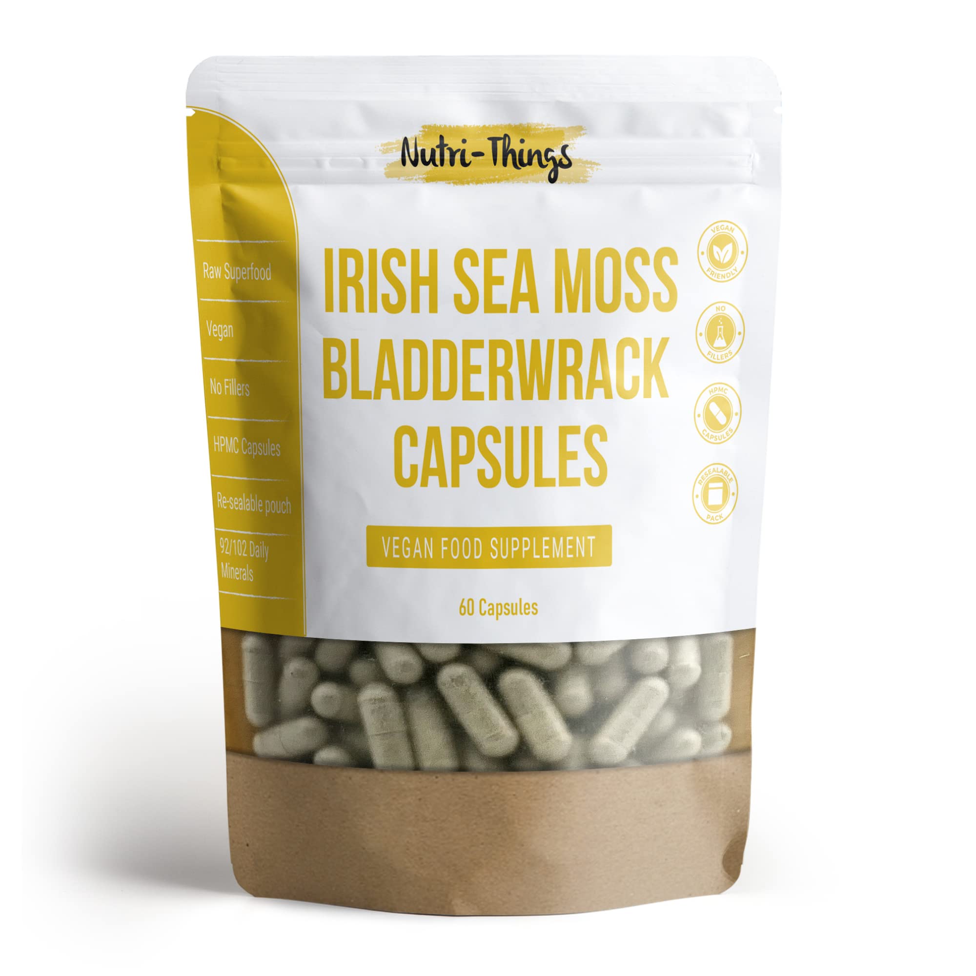 Irish Sea Moss Capsules | Organic Seamoss Herbal Supplements with Bladderwrack | Vegan Alternative to Sea Moss Gummies | High Strength 60 Capsules