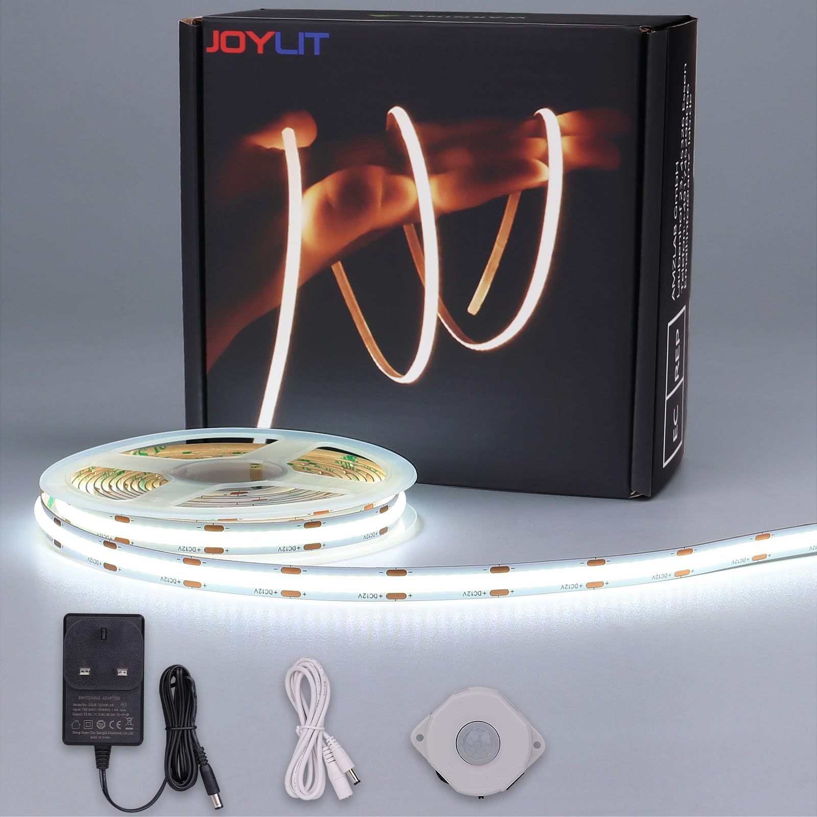 JOYLIT Motion Sensor COB LED Strip Light 5 Meters, CRI 92+ 6000K Cool White Dotless LED Strip with Motion Sensor + 12V Power Supply, 2 Activated Modes Motion Triggered Tape Light for Stairs, Wardrobe