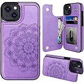 MMHUO for iPhone 14 Case with Card Holder, Flower Magnetic Back Flip Wallet Case for Women, Protective Case Phone Case for iPhone 14,Purple | with Card Holder, Flower, Magnetic, for Women, Protective Case