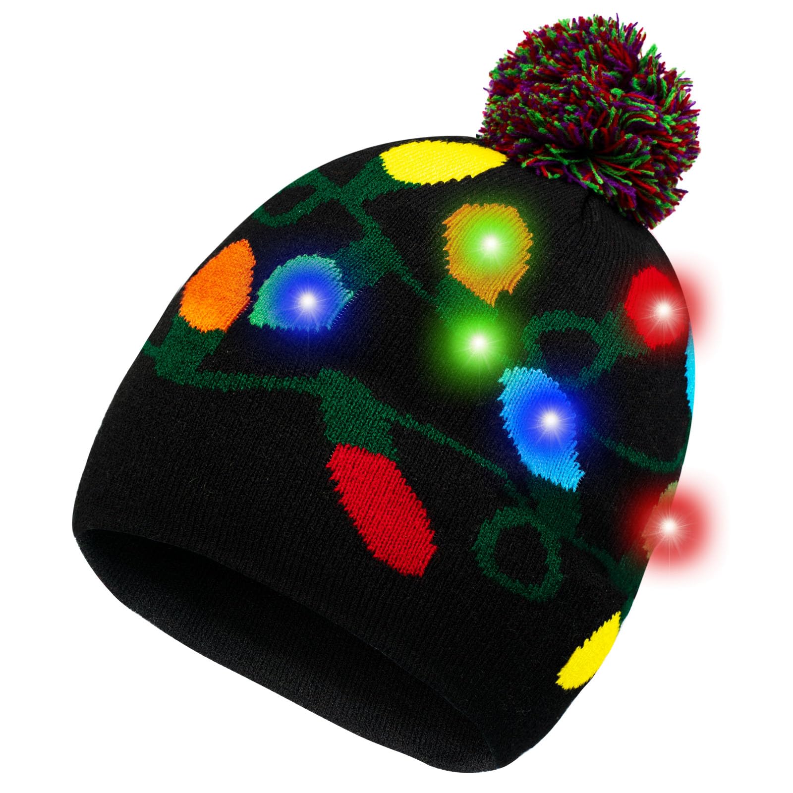HOTUVEP Light Up Christmas Hat, LED Christmas Hat with Replaceable Battery, Glow In The Dark Santa Hats for Kids Adults, Unisex Xmas Beanie Knitted Christmas Party Cap with Colorful Lights