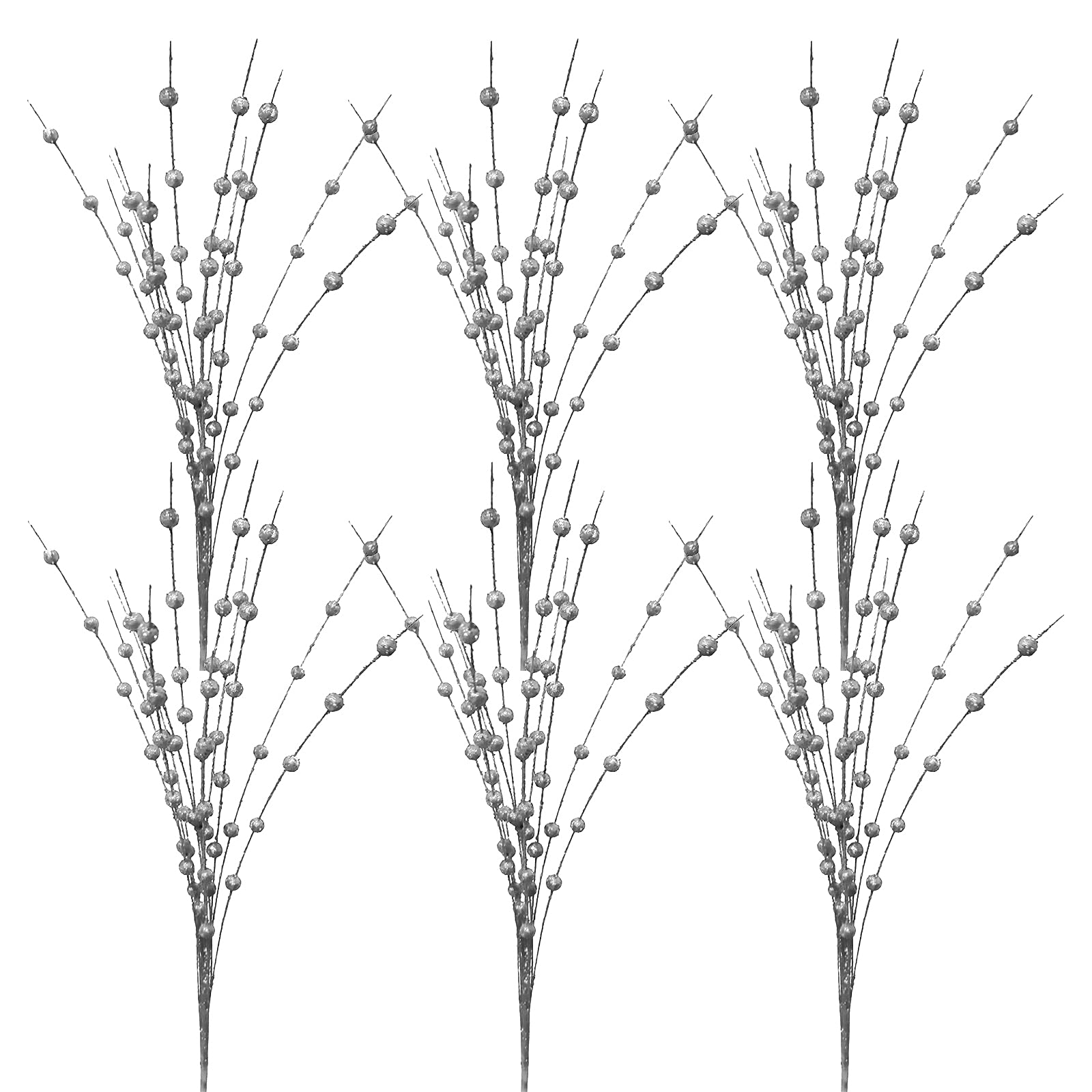 ASSR 6PCS Christmas Glitter Berries Stems, 10-Head Berry Picks, Silver Artificial Twig Stem Holly - 40cm