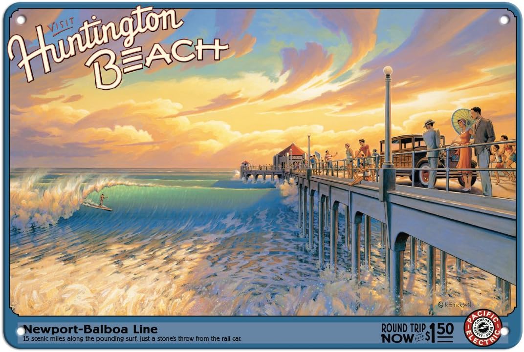 Visit Huntington Beach - California - Newport-Balboa Line - Pacific Electric (Red Car) - Vintage Railroad Travel Poster by Kerne Erickson - 8 x 12 inch Vintage Metal Tin Sign